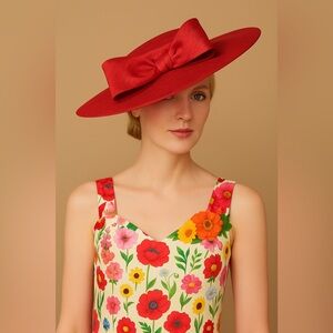 New Elegant Wide Brim Red Bow Hat – Derby, Garden Tea Party, Race Day Ready